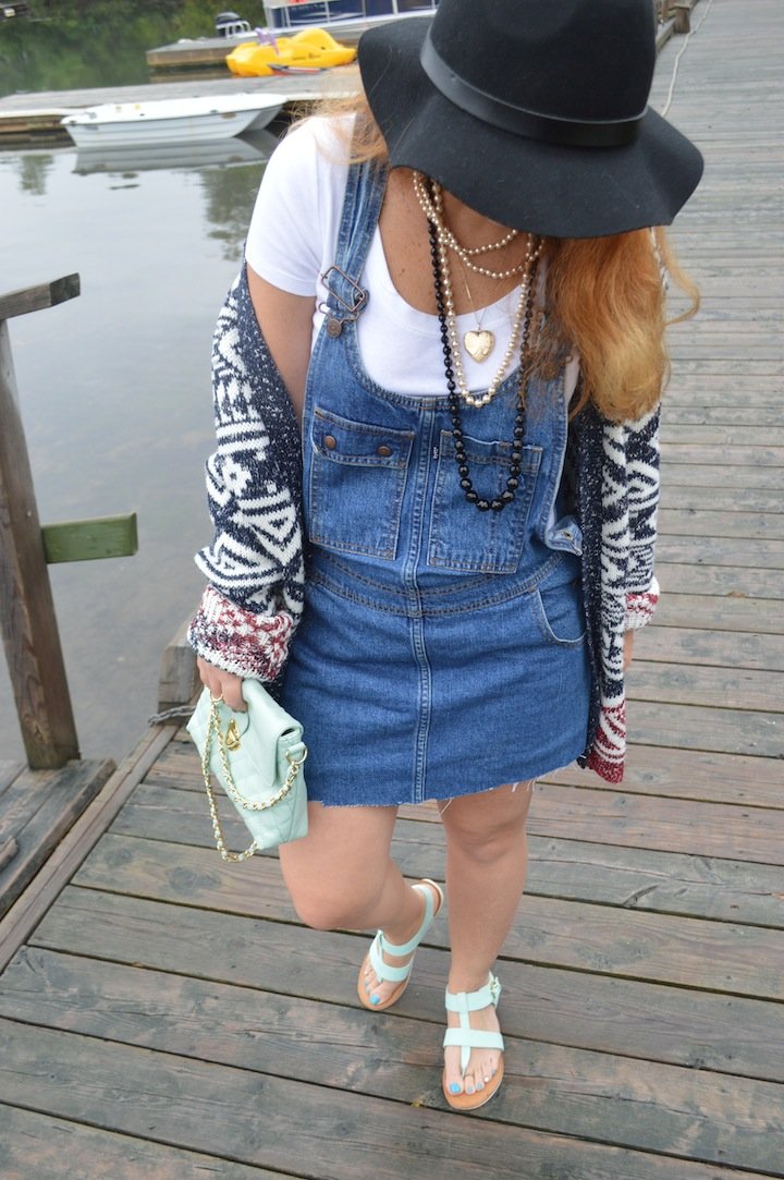 overalls, indian summer, cape breton, labor day, vintage levis, ebay, chunky cardigan, fall fashion, style, fblogger, panama hat